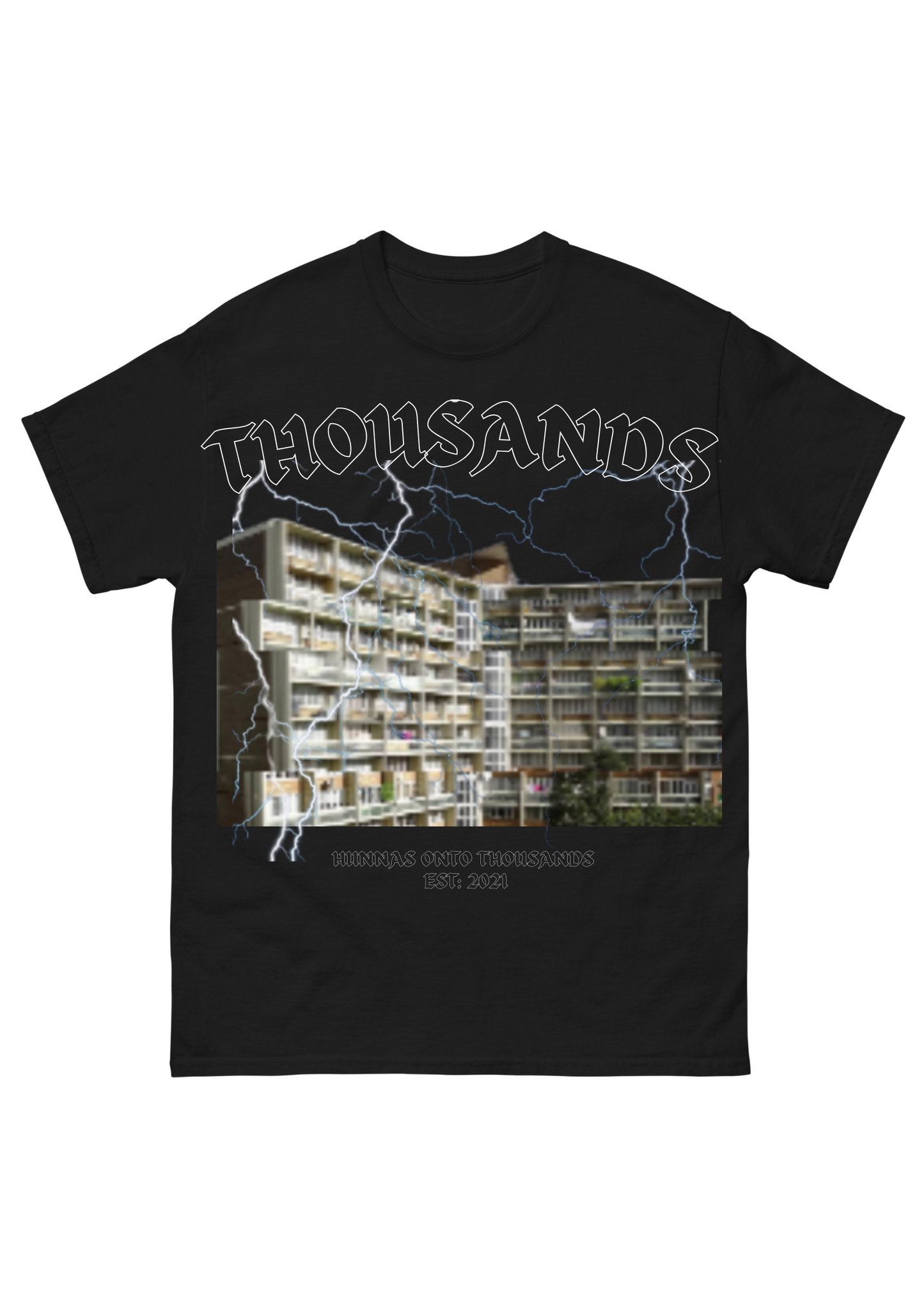 Hunnas Onto Thousands UK -  Official "The Flats" T - Shirt - Black / White