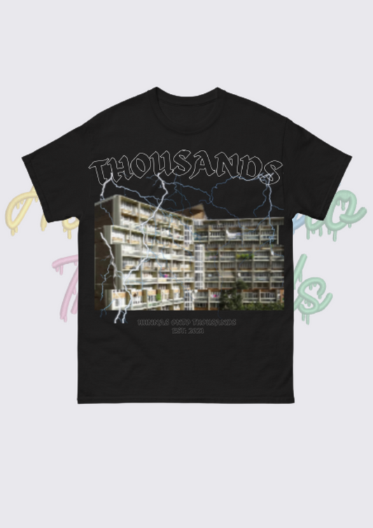 Hunnas Onto Thousands UK -  Official "The Flats" T - Shirt - Black / White
