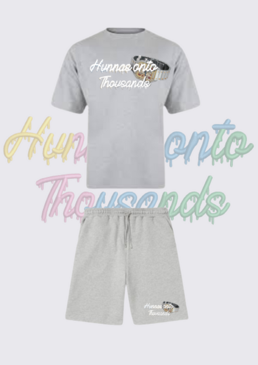 Hunnas Onto Thousands UK - "Skeleton Bustdown"  T-Shirt + Cargo Shorts Set - Grey